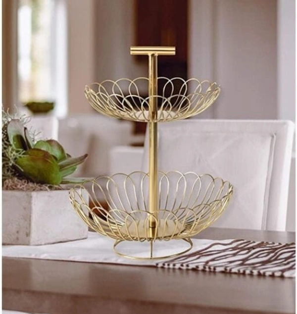 M.F EXPORTS Created two-tiered design fruit basket  Also, a handcrafted Wood and wire basket - Gold Plated, Metal, Pack of1